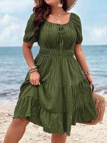 Breezaya Plus Size Summer Holiday Solid Textured Waist-Cinching Dress