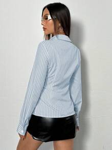 Flirla Women's Striped Button Down Simple Casual Shirt,Ladies Casual Button Long Sleeve Collar Regular Fit Regular Blue Regular Sleeve Shirt Women Blouses,Spring/Fall ,Professional/Business Attire/Workwear,Long Sleeve Tops - Blue - View 2