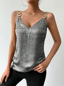 SHEIN LUNE Summer Metal Decorative Buckle Strap Camisole - Black - View 3