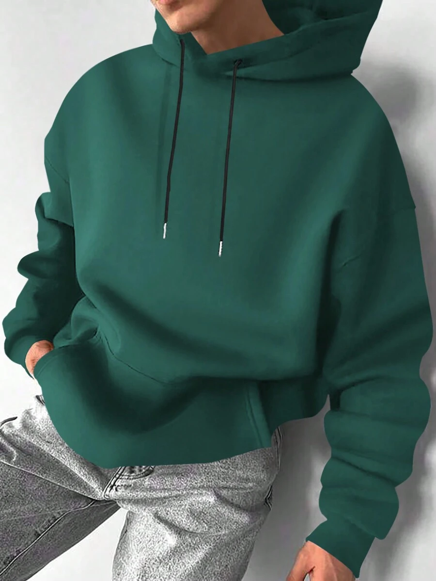 Manfinity Homme Men Solid Color Drooping Shoulder Long Sleeve Hooded Casual Sweatshirt, Fall - Dark Green - View 1