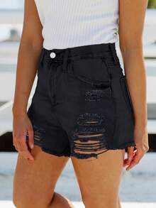 Women's Sexy Distressed With Ripped Butt Wide Leg Straight Denim Shorts - Black - View 4