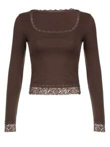 INAWLY 女式春夏休闲撞色蕾丝短款短袖上衣