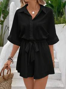 SHEIN VCAY Ladies' Summer Solid Color Batwing Sleeve Jumpsuit - Black - View 4