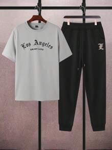 Manfinity Homme Men's Plus Size Letter Printed Short Sleeve T-Shirt And Sweatpants Set