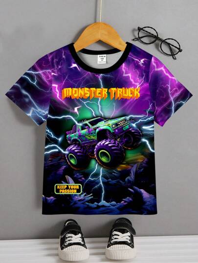 SHEIN Young Boy Casual Simple Lightning & Car Pattern Short Sleeve Round Neck T-Shirt Suitable For Summer