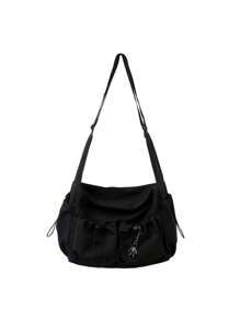 Women's Large Capacity Crossbody Bag With Charms, Unisex Multi-Pocket Drawstring Waterproof Nylon Shoulder Bag, College/School Bag Style