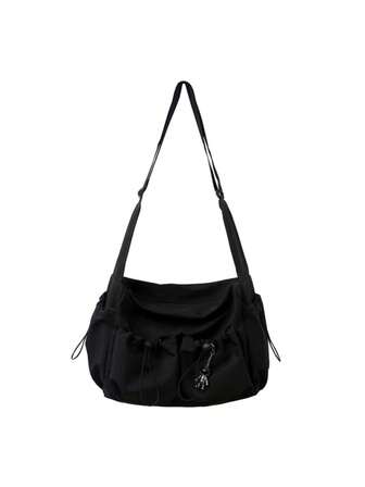 Damväska med stor kapacitet och berlocker, unisex axelväska i nylon med flera fickor och dragsko, vattentät, skolväska/universitetsväska