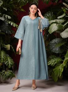 Al Najma Jacquard V-Neck Fringed Dress, Perfect For Summer, Modest Kaftan - Grey - View 1