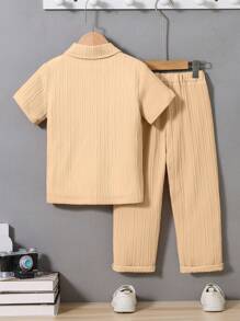 SHEIN 2件套男童夏季休闲纯色短袖衬衫和长裤套装 - 卡其色 - 查看 2