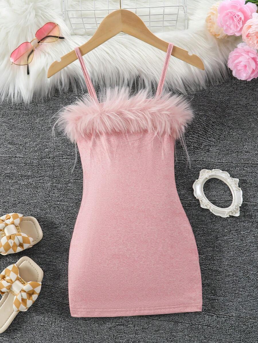 SHEIN Elladie kids Young Girl Summer Furry Patchwork Spaghetti Strap Dress Summer Holiday