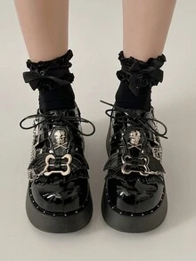 ROMWE Grunge Punk Lolita風格女士pu皮鞋：平台,厚底,黑色,jk制服,珍風格,2024年春季新品 - 黑色 - 查看 4