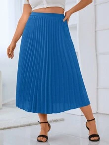 Celure 大尺碼純色褶皺簡約a字裙,適用於日常穿著 - 藍色 - 查看 6