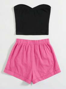 SHEIN VCAY 大码女式夏季纯色抹胸上衣和高腰打结短裤休闲两件套 - 玫紅色 - 查看 2