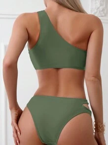 Swim Basics Summer Beach Women's Solid Color Cut-Out One Shoulder Sleeveless Bikini Set For Beach Vacation - Army Green - View 2