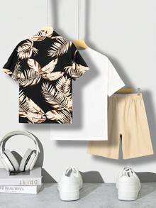 SHEIN 青少年男孩休閒熱帶植物印花短袖襯衫搭配純色針織圓領T卹和短褲3入組，適用於夏季度假 - 彩色 - 查看 3