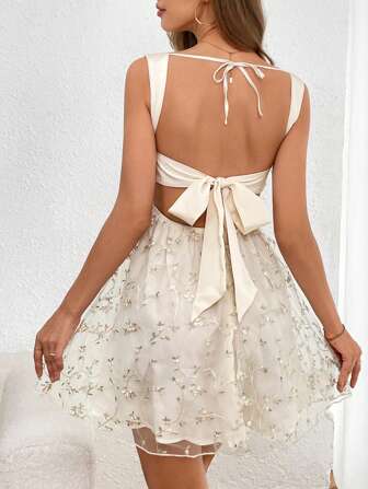 SHEIN Privé Women's Embroidered Floral Backless Bow Romantic Holiday Summer Short Dresses