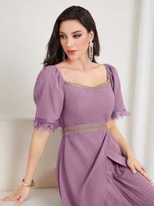 Modelyn Women's Square Neckline Short Puff Sleeve Pleated Dress - Purple - View 6