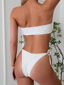 SHEIN Swim 夏季纹理露肩比基尼套装（分体式泳裤） - 白色 - 查看 2