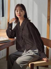 FRIFUL 女士时尚纯色蝴蝶结系带宽松衬衫长袖上衣 - 棕色 - 查看 4