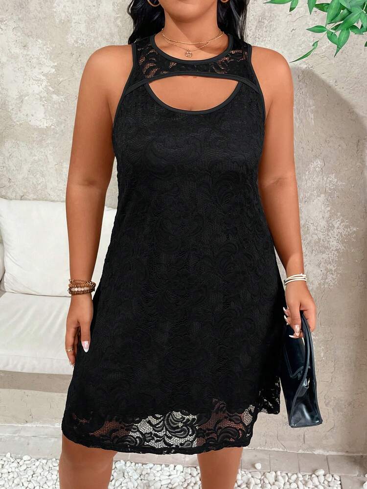 Plus Size Solid Color Hollow Out Round Neck Sleeveless Dress