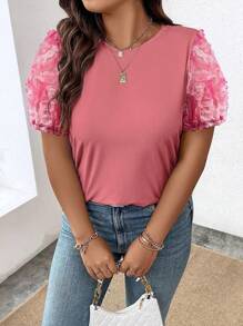 Celure Plus Size 3d Flower Patchwork Short Sleeve T-Shirt For Summer