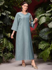 Al Najma Jacquard V-Neck Fringed Dress, Perfect For Summer, Modest Kaftan - Grey - View 3