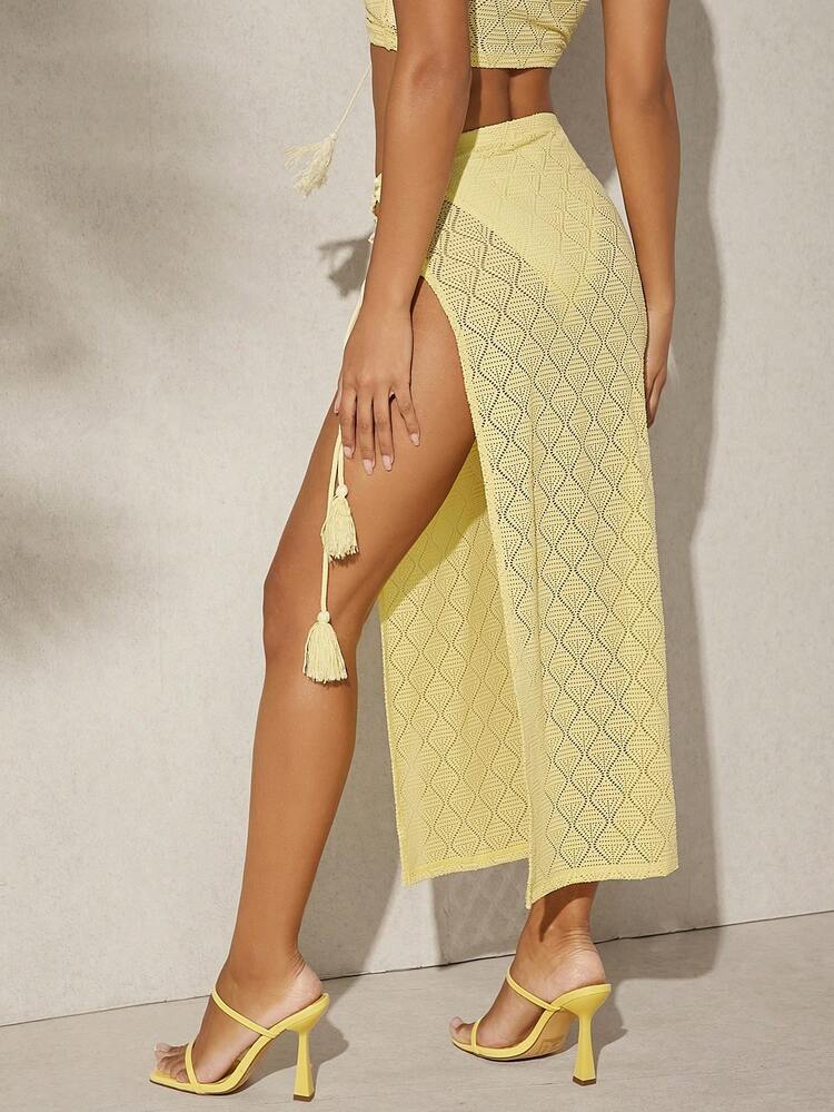 Tassel Tie Side Split Textured Skirt