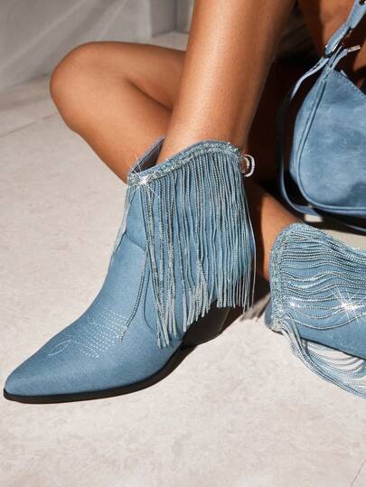 Botas occidentales azules con puntera afilada, brillos y flecos para mujer, perfectas para usar en exteriores en el Día de San Valentín