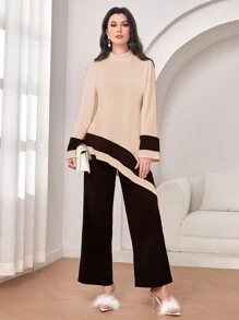 Modelyn Colorblock Asymmetrical Hem Top & Wide Leg Pants - Coffee Brown - View 4