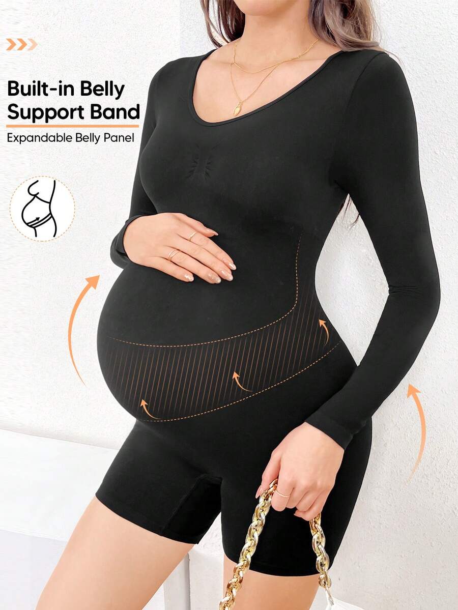 Maternity High Elasticity And Expandable Belly Full Sleeve Romper - Black - View 1