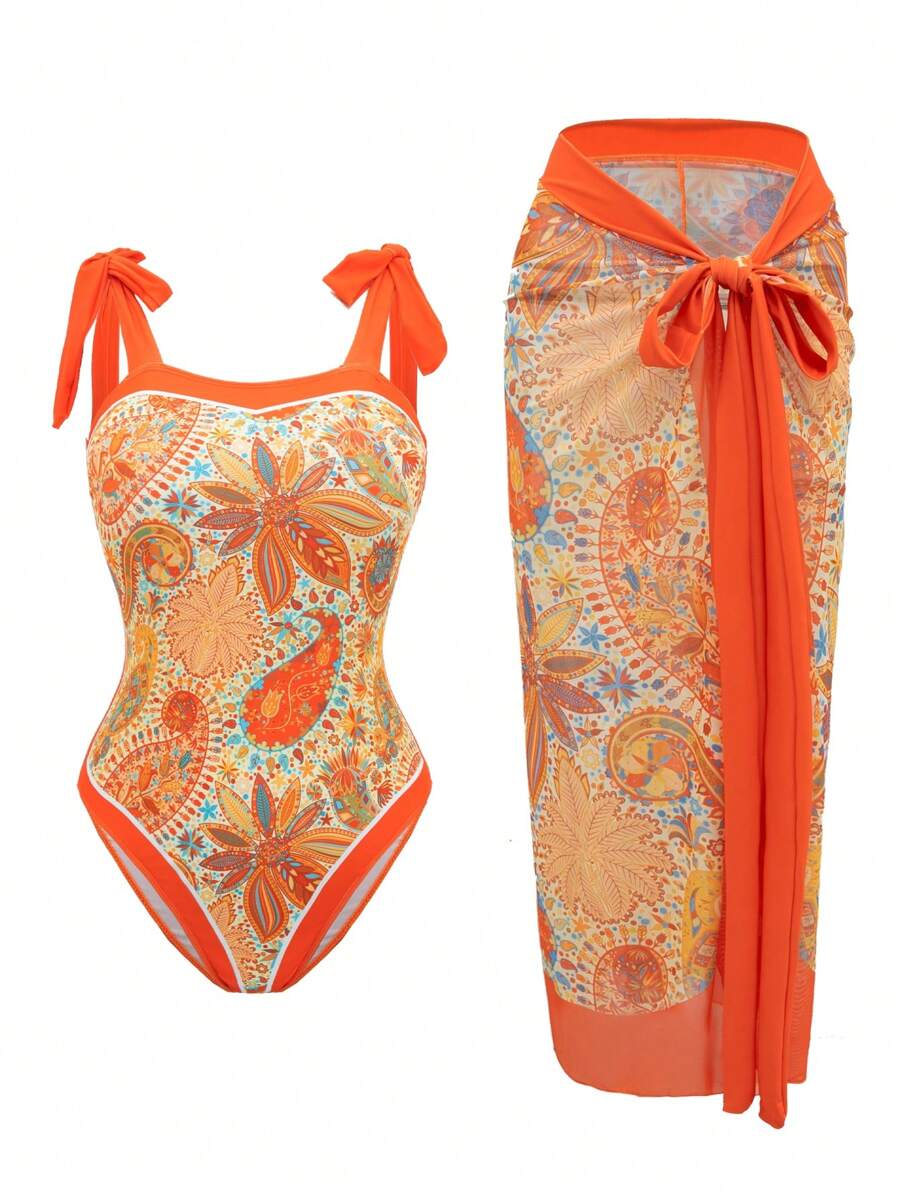 Swim Oasis Kích thước lớn Đồ bơi một mảnh Với In hoa Paisley & Che phủ Váy 2 cái/bộ , bờ biển Bộ đồ tắm Mùa hè - Nhiều màu - Xem 1