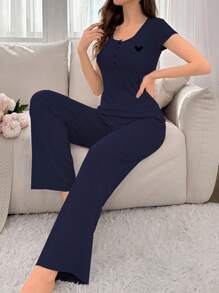 女式夏季心形印花短袖上衣和长裤家居服套装 - 藏蓝色 - 查看 3