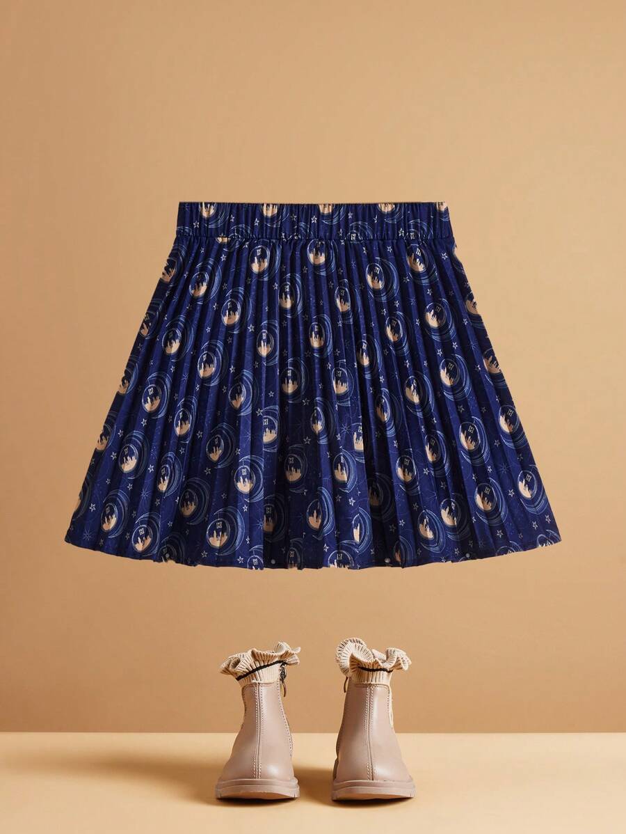 HARRY POTTER X SHEIN Young Girl Allover Print Pleated Skirt Preppy Style
