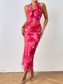 Chiquease Women's Tie Dye Pleated Halter Neck Dress - Hot Pink - View 6