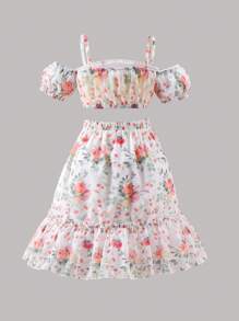 SHEIN Young Girl Fashionable And Elegant Floral Print Sweet Vacation Off-The-Shoulder Top With Ruffled Hem Skirt Two-Piece Set - Multicolor - View 2
