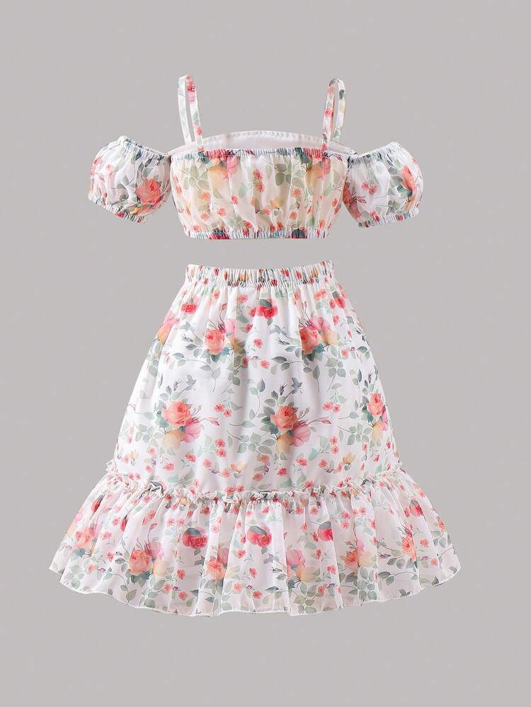 Young Girl Fashionable And Elegant Floral Print Sweet Vacation Off-The-Shoulder Top With Ruffled Hem Skirt Two-Piece Set