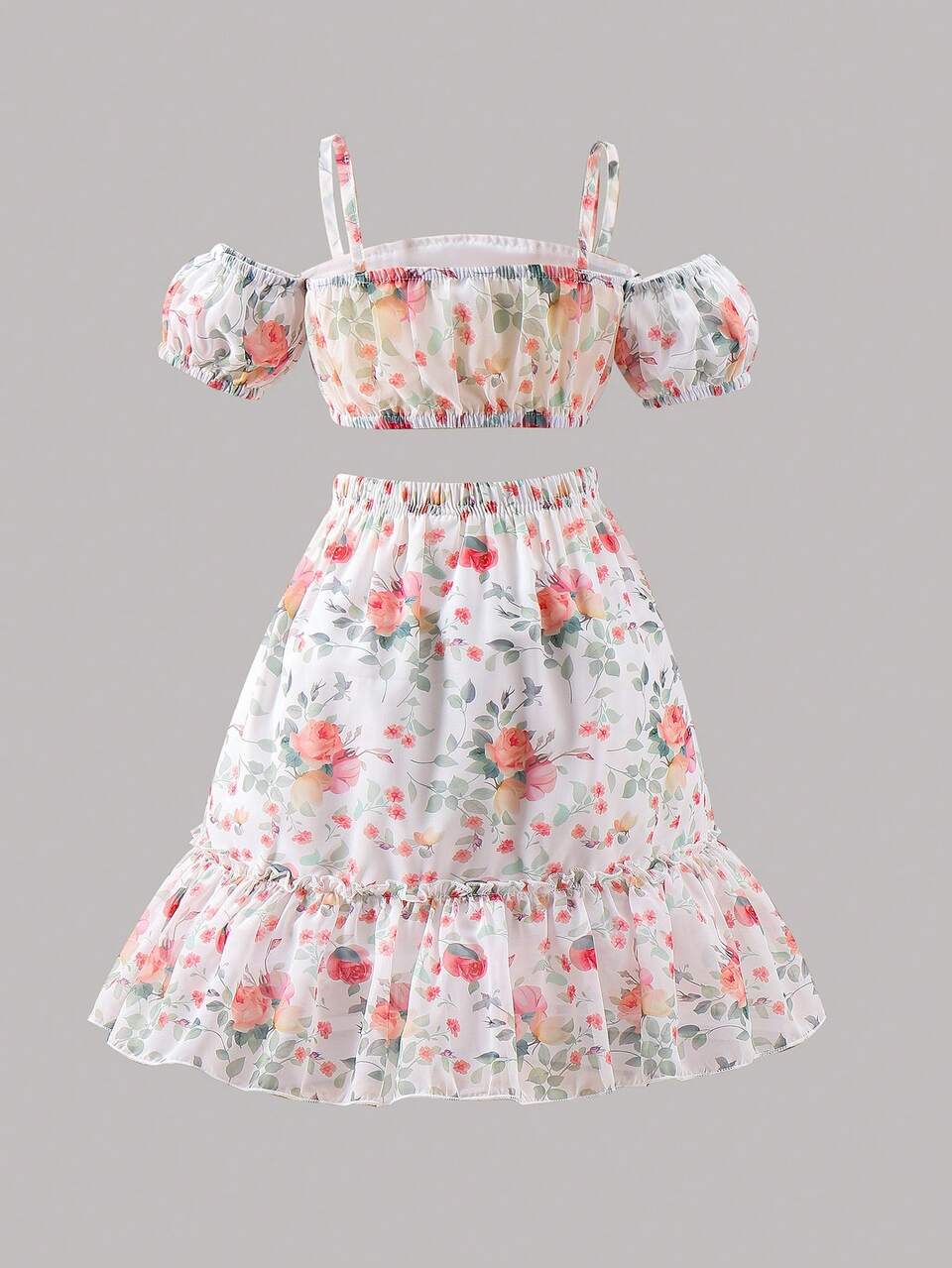 Young Girl Fashionable And Elegant Floral Print Sweet Vacation Off-The-Shoulder Top With Ruffled Hem Skirt Two-Piece Set