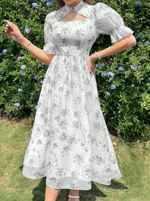 Modelyn 女裝印花氣泡袖裝，適用於夏季度假旅行 - 黑色 - 查看 7