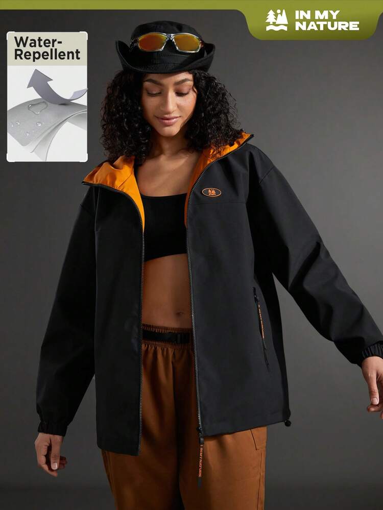 Color-Blocking Patch Detail Zipper Front Hooded Outdoor Jacket