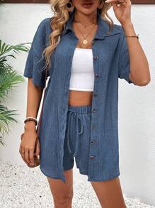 Calvaya Women\ Cardigan Collared Button-Up Shirt And Tie Knot Shorts 2-Piece Set Short Sets Summer