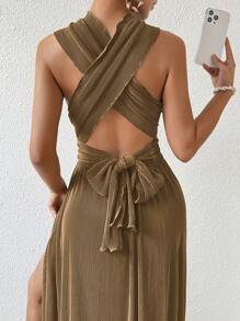 Chiquease A-Line Halter Neck Cross Straps Bandage Lace Up Cut Out Side Slit Pleated Sexy Dress For Summer