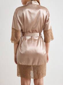 Women's Satin Lace Trimmed Belted Robe - Champagne - View 2