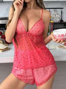 Women's Lingerie Set With Heart Shape Cutout Mesh Cami Top And Shorts