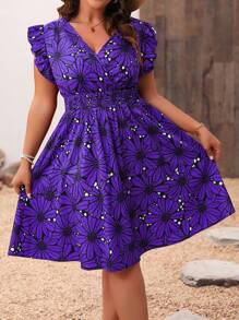 SHEIN Clasi Kích thước lớn Của phụ nữ Hoa In Chồng chéo Cổ chữ V Dây thắt lưng Tay áo mũ Đầm Cho mùa hè - Màu tím - Xem 4