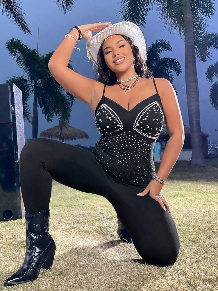 Plus Size Faux Pearl Decorated Spaghetti Strap Jumpsuit With Long Pants