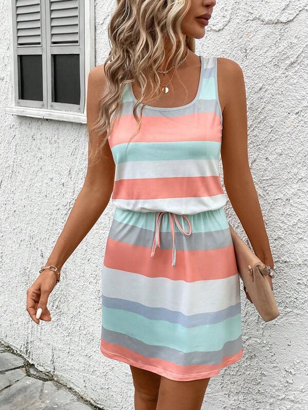 SHEIN LUNE Summer Round Neck Sleeveless Striped Colorful Printed Casual Beach Vacation Tank Dress With Waist Drawstring