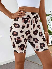 SHEIN LUNE Leopard Print Women Short Leggings - Mocha Brown - View 4