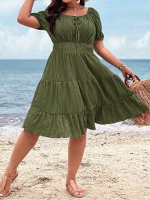 Breezaya Plus Size Summer Holiday Solid Textured Waist-Cinching Dress