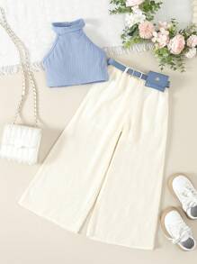 SHEIN Young Girl Solid Texture Sleeveless Halterneck Top & Wide Leg Pants With Waist Bag, Spring/Summer - Blue - View 1
