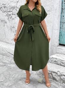 SHEIN Unity Kích thước lớn Mùa hè Màu thuần Mặt trước Nút tay cánh Đầm Midi - xanh quân đội - Xem 5